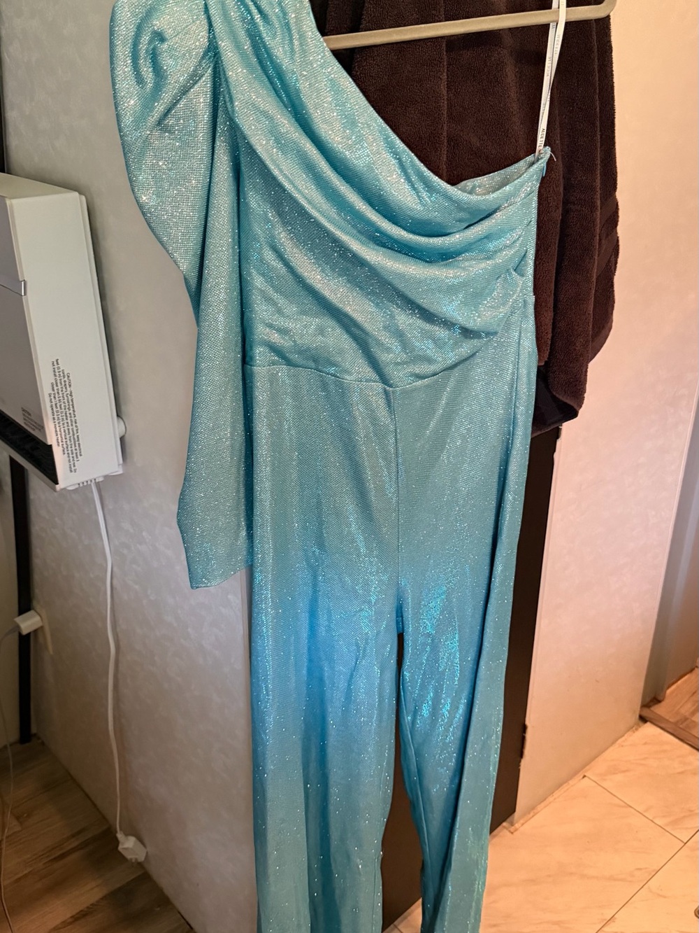 Anthropologie Sparkling Aqua One-Shoulder Jumpsuit